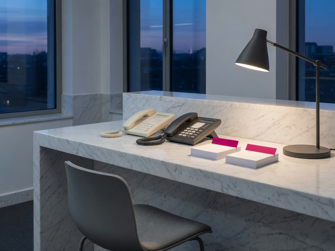A dusk reception counter with two telephones and two stacks of cards, one marked in magenta.