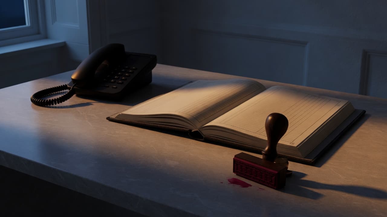 After hours: a ruled ledger, a black telephone, and a single magenta stamp on a graphite desk.