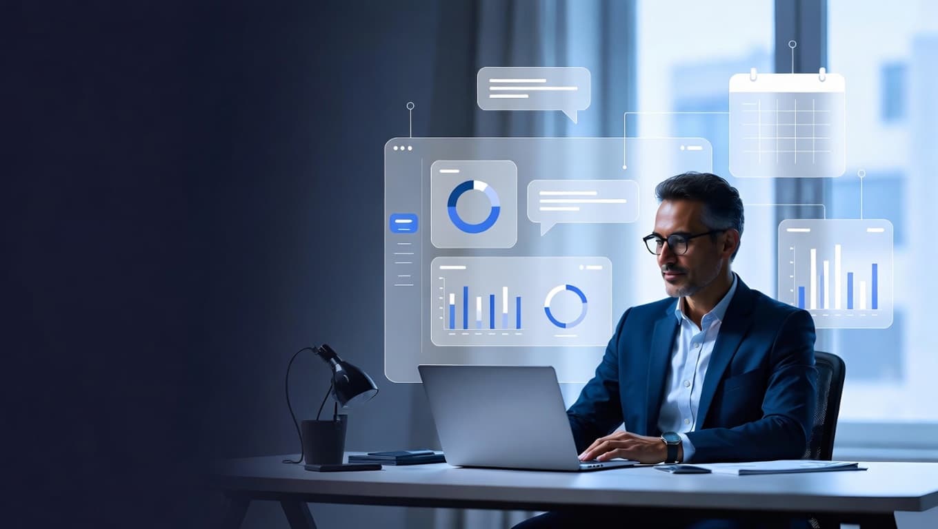 Profesional de negocios usando agentes de IA de Orchelix con paneles de análisis